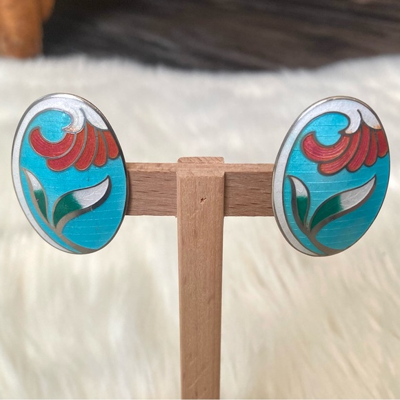 80s Vintage Cloisonné Earrings Floral Lily Blue Statement Classic Chic Art Deco - Picture 10 of 10
